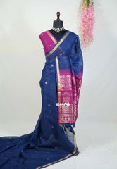 Navy Blue - 120 Count Premium Linen Saree Tissue Border with Contrast Pallu and Blouse - Perfect for Small Functions | Casual Wear