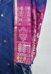 Navy Blue - 120 Count Premium Linen Saree Tissue Border with Contrast Pallu and Blouse - Perfect for Small Functions | Casual Wear
