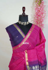 Fuchsia Pink - 120 Count Premium Linen Saree Tissue Border with Contrast Pallu and Blouse - Perfect for Small Functions | Casual Wear
