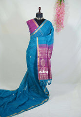 Dark Blue - 120 Count Premium Linen Saree Tissue Border with Contrast Pallu and Blouse - Perfect for Small Functions | Casual Wear