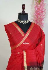 Spicy Red - 120 Count Premium Linen Saree with Tissue Border and Contrast Pallu - Perfect for Small Functions | Casual Wear