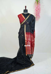 Jet Black - 120 Count Premium Linen Saree Tissue Border with Contrast Pallu and Blouse - Perfect for Small Functions | Casual Wear