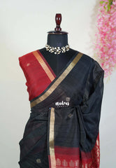 Jet Black - 120 Count Premium Linen Saree Tissue Border with Contrast Pallu and Blouse - Perfect for Small Functions | Casual Wear