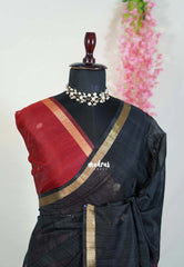 Jet Black - 120 Count Premium Linen Saree Tissue Border with Contrast Pallu and Blouse - Perfect for Small Functions | Casual Wear