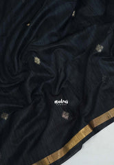 Jet Black - 120 Count Premium Linen Saree Tissue Border with Contrast Pallu and Blouse - Perfect for Small Functions | Casual Wear
