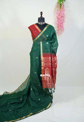 Emerald Green - 120 Count Premium Linen Saree Tissue Border with Contrast Pallu and Blouse - Perfect for Small Functions | Casual Wear