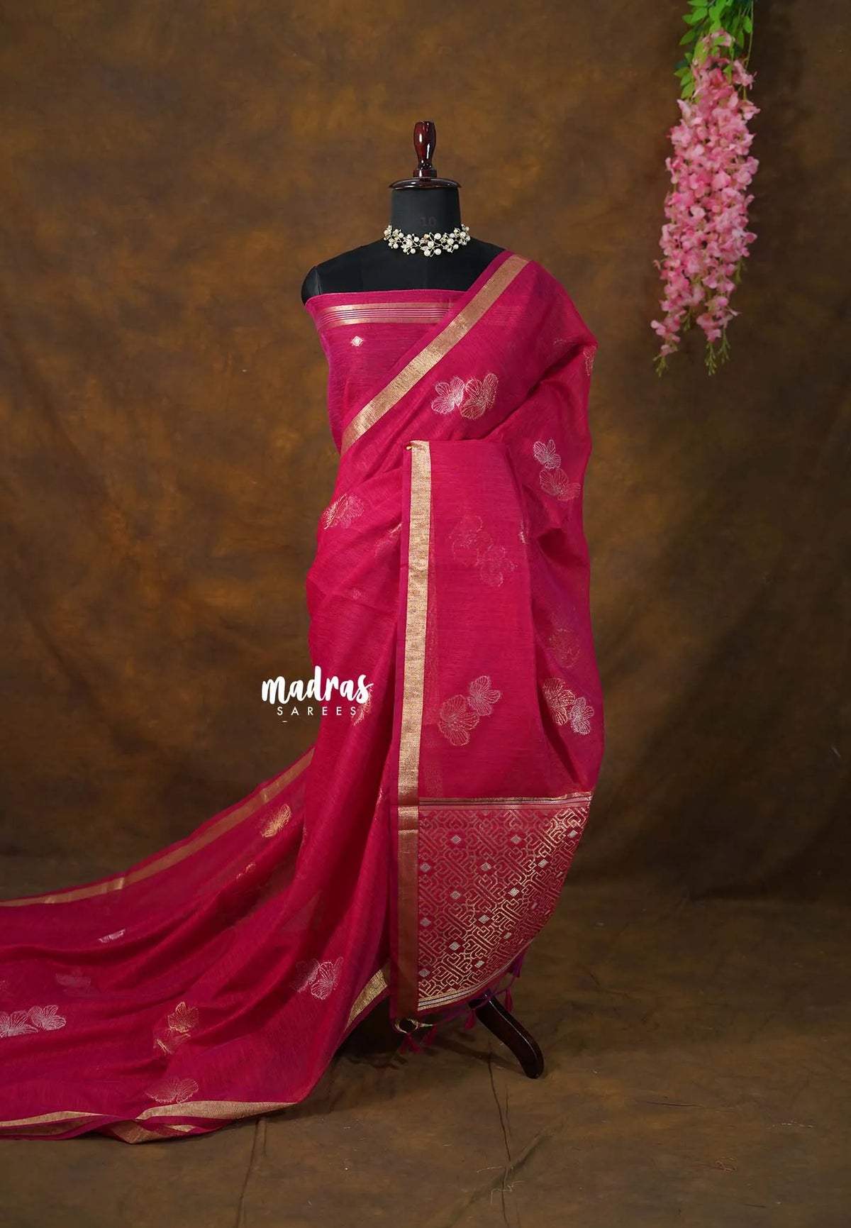 Raspberry Pink - 120 Count Premium Linen Saree with Tissue Border - Perfect for Office Wear