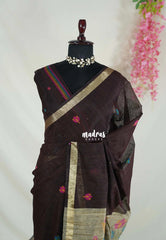 Dark Chocolate Brown - 120 Count Premium Linen Saree with Jute Weaving Pallu - Perfect for Office Wear