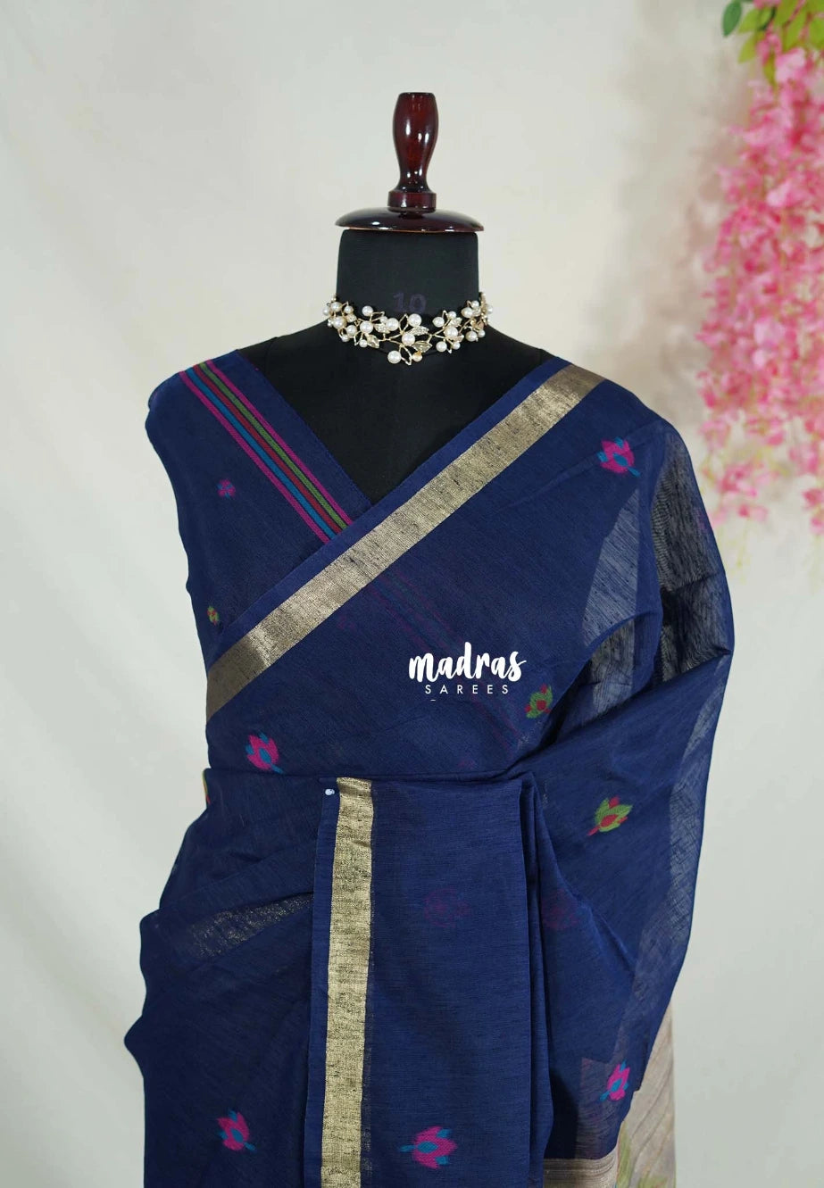 Midnight Blue - 120 Count Premium Linen Saree with Jute Weaving Pallu - Perfect for Office Wear