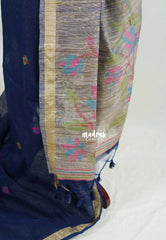 Midnight Blue - 120 Count Premium Linen Saree with Jute Weaving Pallu - Perfect for Office Wear