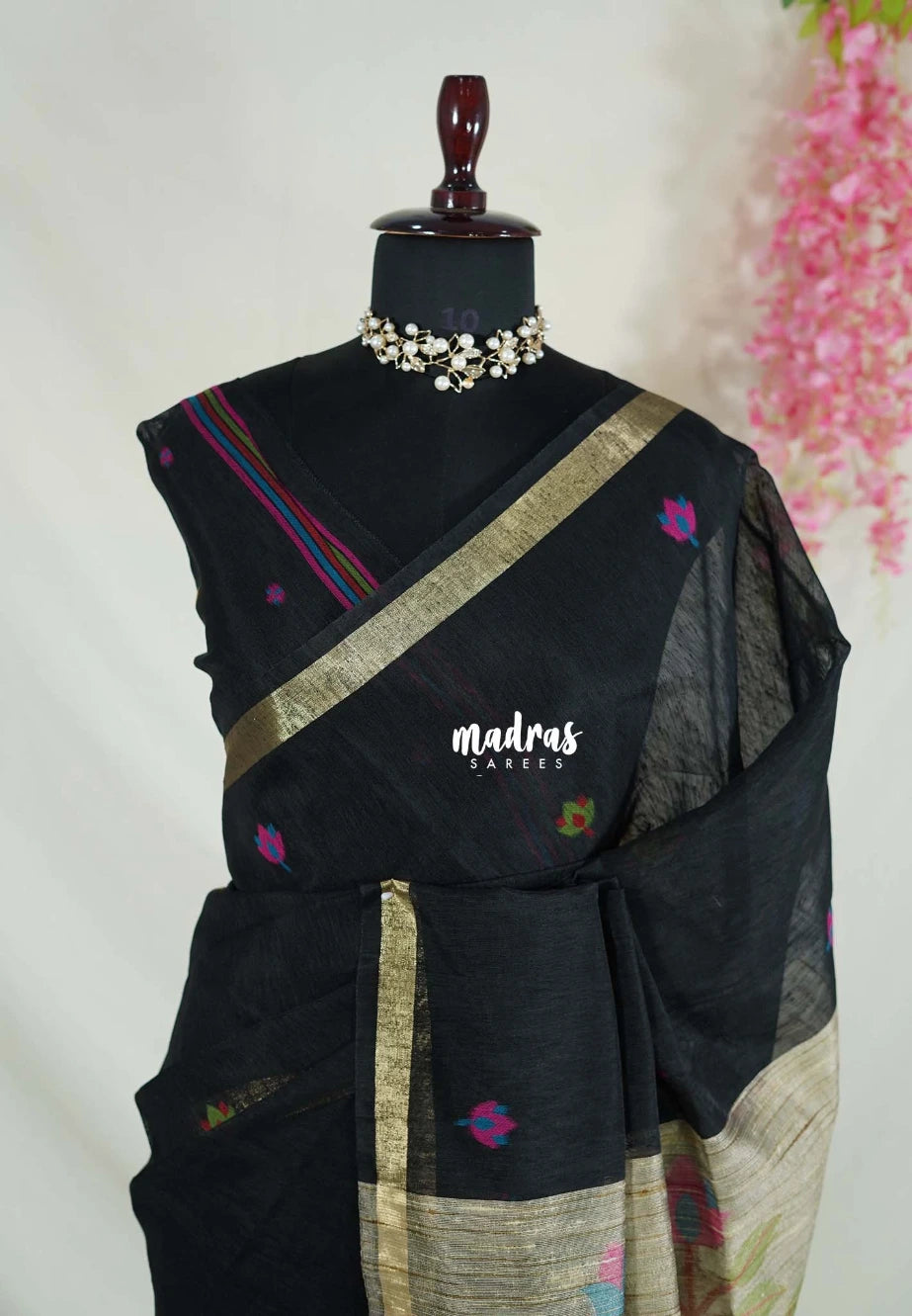 Jet Black - 120 Count Premium Linen Saree with Jute Weaving Pallu - Perfect for Office Wear