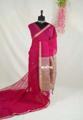 Fuchsia Pink - 120 Count Premium Linen Saree with Jute Weaving Pallu - Perfect for Office Wear