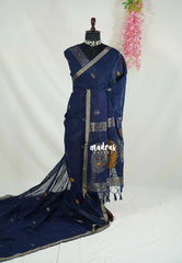 Navy Blue - 120 Count Premium Linen Saree Silk Thread and Zari Weaving Buttas with Tissue Border - Perfect for Office Wear