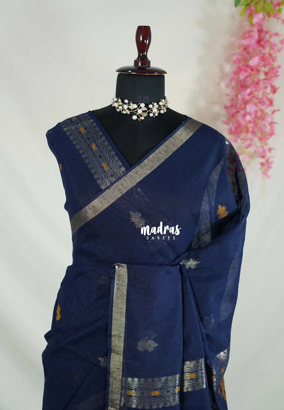 Navy Blue - 120 Count Premium Linen Saree Silk Thread and Zari Weaving Buttas with Tissue Border - Perfect for Office Wear