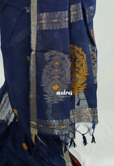 Navy Blue - 120 Count Premium Linen Saree Silk Thread and Zari Weaving Buttas with Tissue Border - Perfect for Office Wear