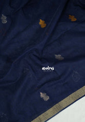 Navy Blue - 120 Count Premium Linen Saree Silk Thread and Zari Weaving Buttas with Tissue Border - Perfect for Office Wear