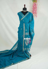 Teal Blue - 120 Count Premium Linen Saree Silk Thread and Zari Weaving Buttas with Tissue Border - Perfect for Office Wear
