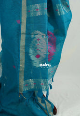 Teal Blue - 120 Count Premium Linen Saree Silk Thread and Zari Weaving Buttas with Tissue Border - Perfect for Office Wear