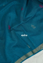 Teal Blue - 120 Count Premium Linen Saree Silk Thread and Zari Weaving Buttas with Tissue Border - Perfect for Office Wear