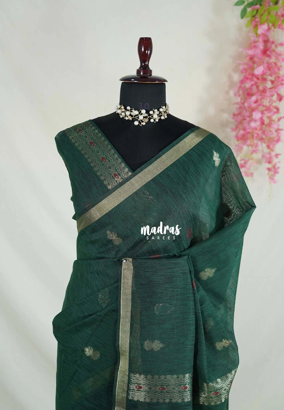 Bottle Green - 120 Count Premium Linen Saree Silk Thread and Zari Weaving Buttas with Tissue Border - Perfect for Office Wear