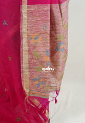 Fuchsia Pink - 120 Count Premium Linen Saree with Jute Weaving Pallu - Perfect for Office Wear