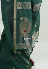 Bottle Green - 120 Count Premium Linen Saree Silk Thread and Zari Weaving Buttas with Tissue Border - Perfect for Office Wear