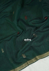 Bottle Green - 120 Count Premium Linen Saree Silk Thread and Zari Weaving Buttas with Tissue Border - Perfect for Office Wear