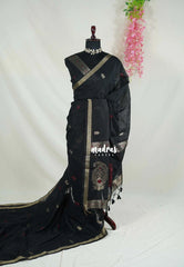 Jet Black - 120 Count Premium Linen Saree Silk Thread and Zari Weaving Buttas with Tissue Border - Perfect for Office Wear