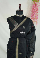 Jet Black - 120 Count Premium Linen Saree Silk Thread and Zari Weaving Buttas with Tissue Border - Perfect for Office Wear