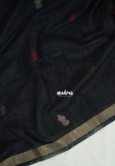 Jet Black - 120 Count Premium Linen Saree Silk Thread and Zari Weaving Buttas with Tissue Border - Perfect for Office Wear