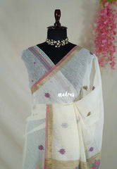 Ivory Beige - 120 Count Premium Linen Saree with Jute Weaving Pallu - Perfect for Office Wear