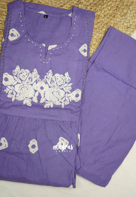 Flared Cotton Co ord Set with Embroidery - Lavender