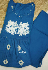 Flared Cotton Co ord Set with Embroidery - Cobalt Blue