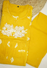 Flared Cotton Co ord Set with Embroidery - Yellow