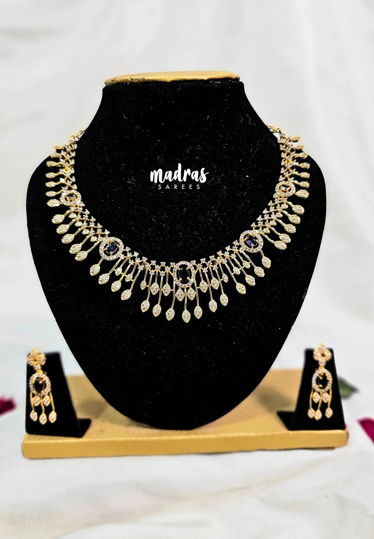 Premium 1 Gram Gold polish AD Stone Trendy Bridal Design Purple and White Stone Necklace with Earrings