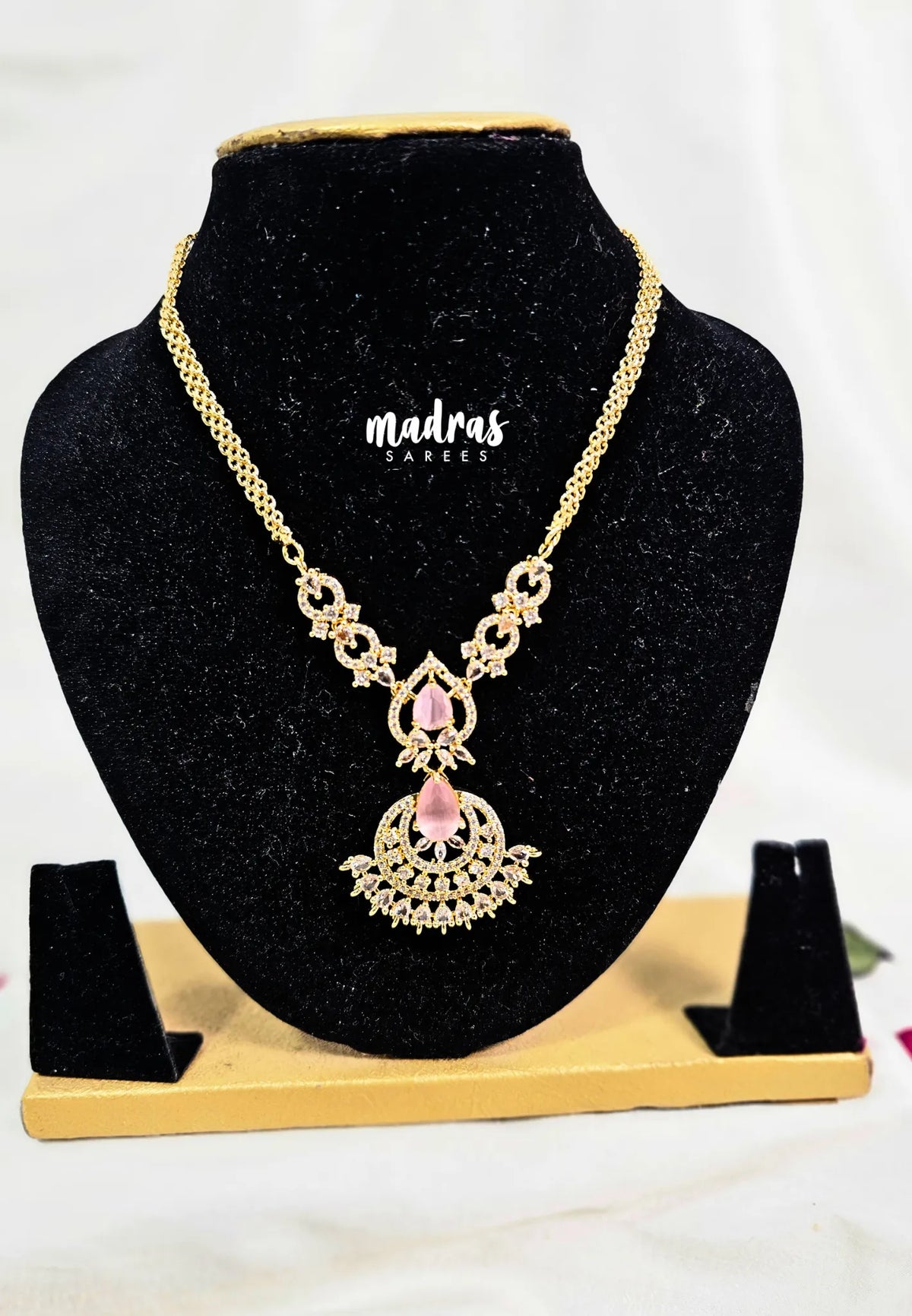 Premium 1 Gram Gold polish AD Stone Trendy Unique Pink Stone Pendant Necklace
