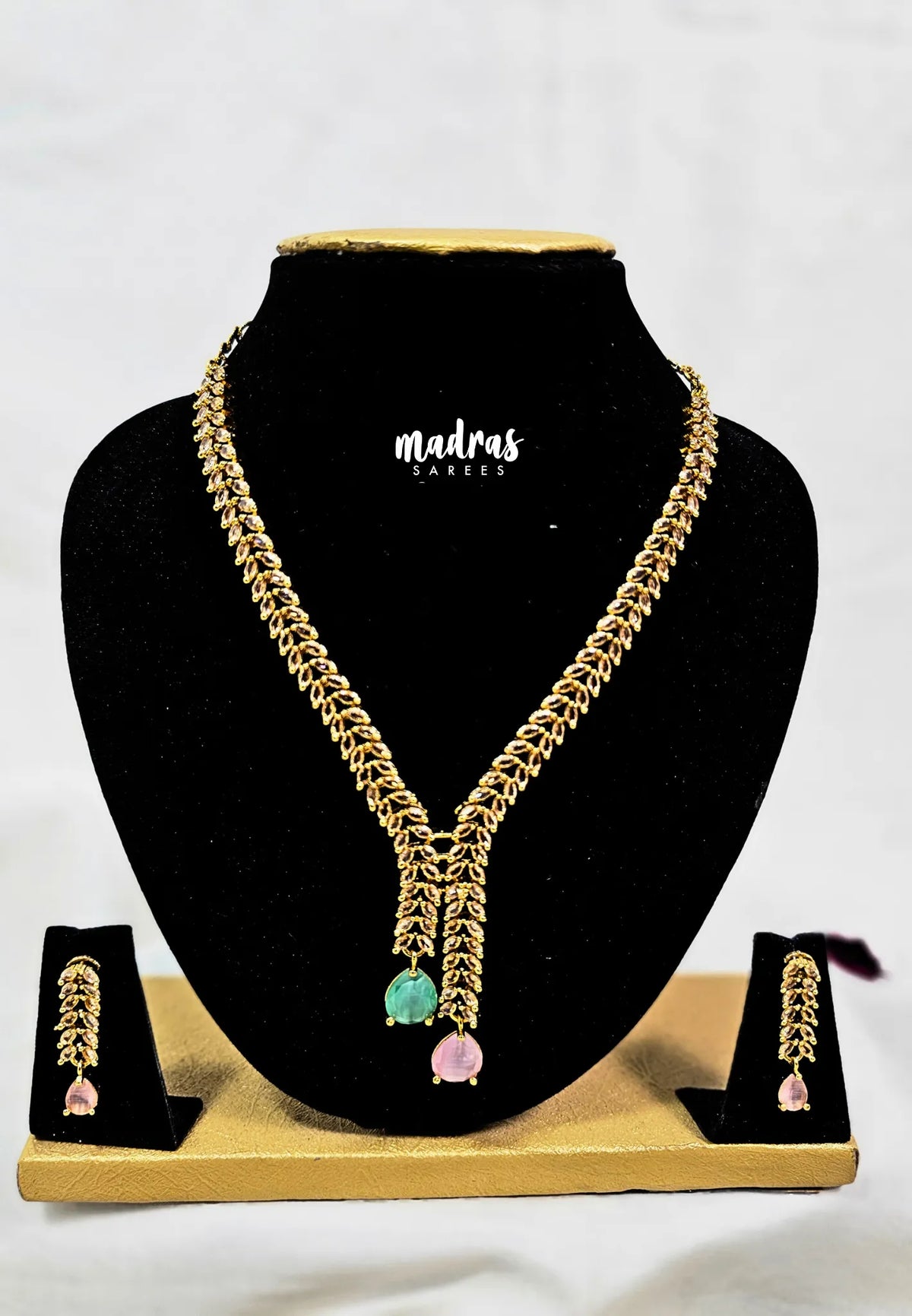 Premium 1 Gram Gold polish AD Stone Trendy Unique Design Green and Pink Necklace with Earrings