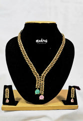 Premium 1 Gram Gold polish AD Stone Trendy Unique Design Green and Pink Necklace with Earrings