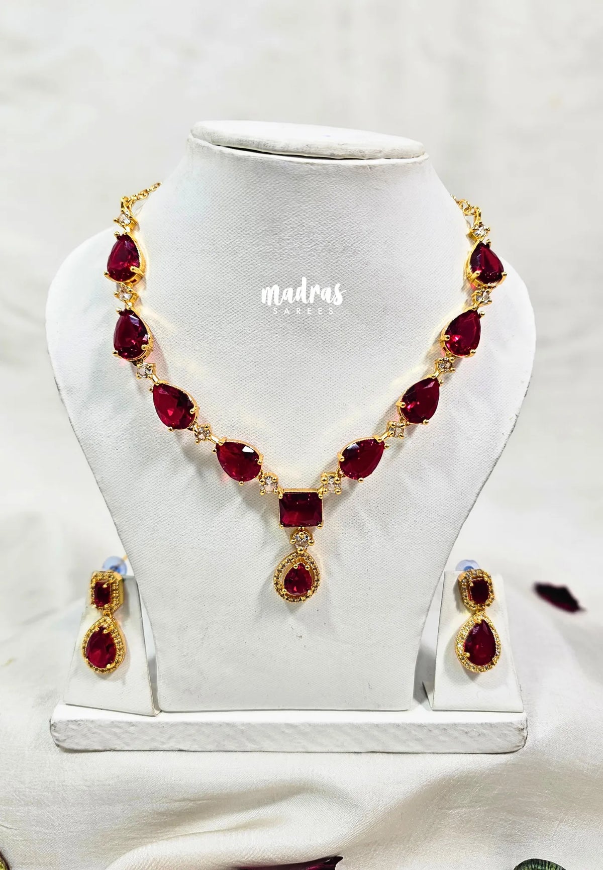 Premium 1 Gram Gold polish AD Stone Trendy Unique Design Red Stone Necklace with Earrings