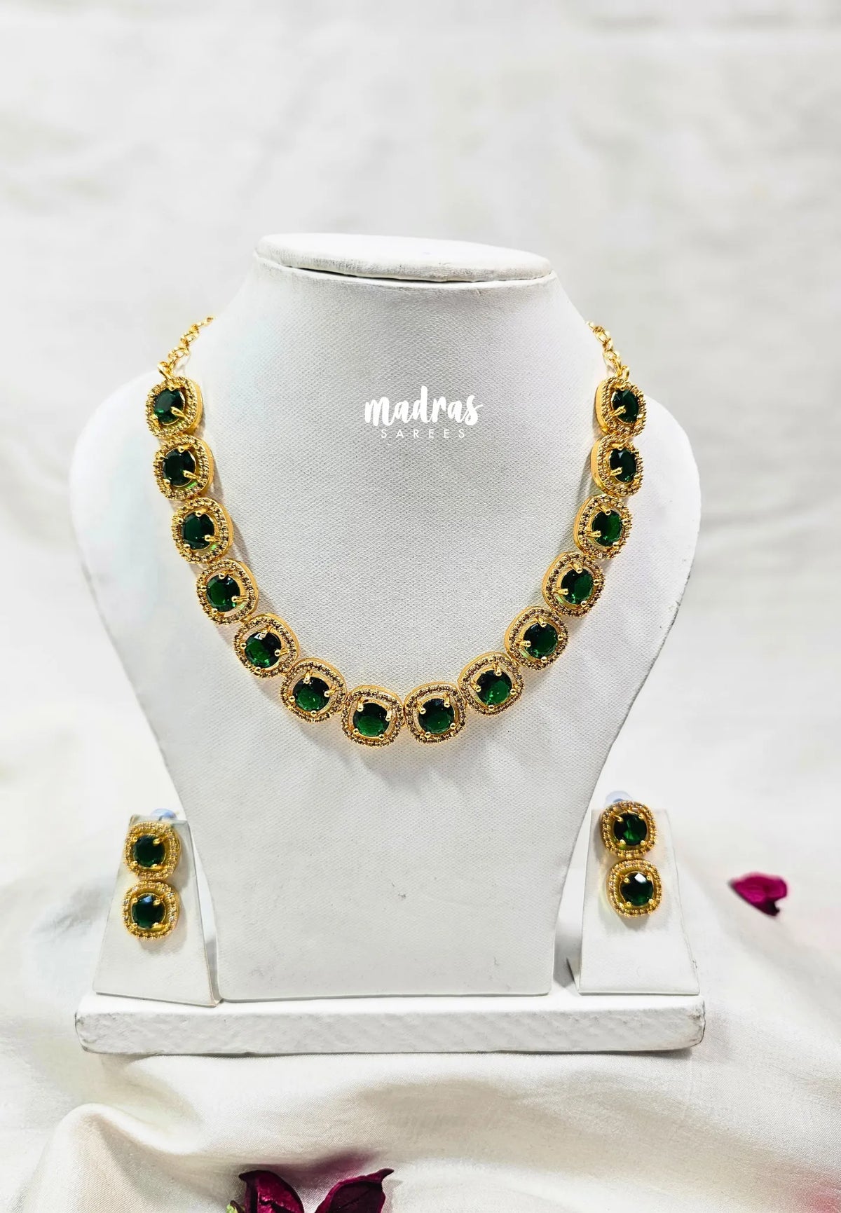 Premium 1 Gram Gold polish AD Stone Trendy Unique Design Emerald Green Stone Necklace with Earrings