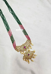 Premium 1 Gram Gold polish Trendy Stylish Crystal Layered Long Chain - Emerald Green with Pink