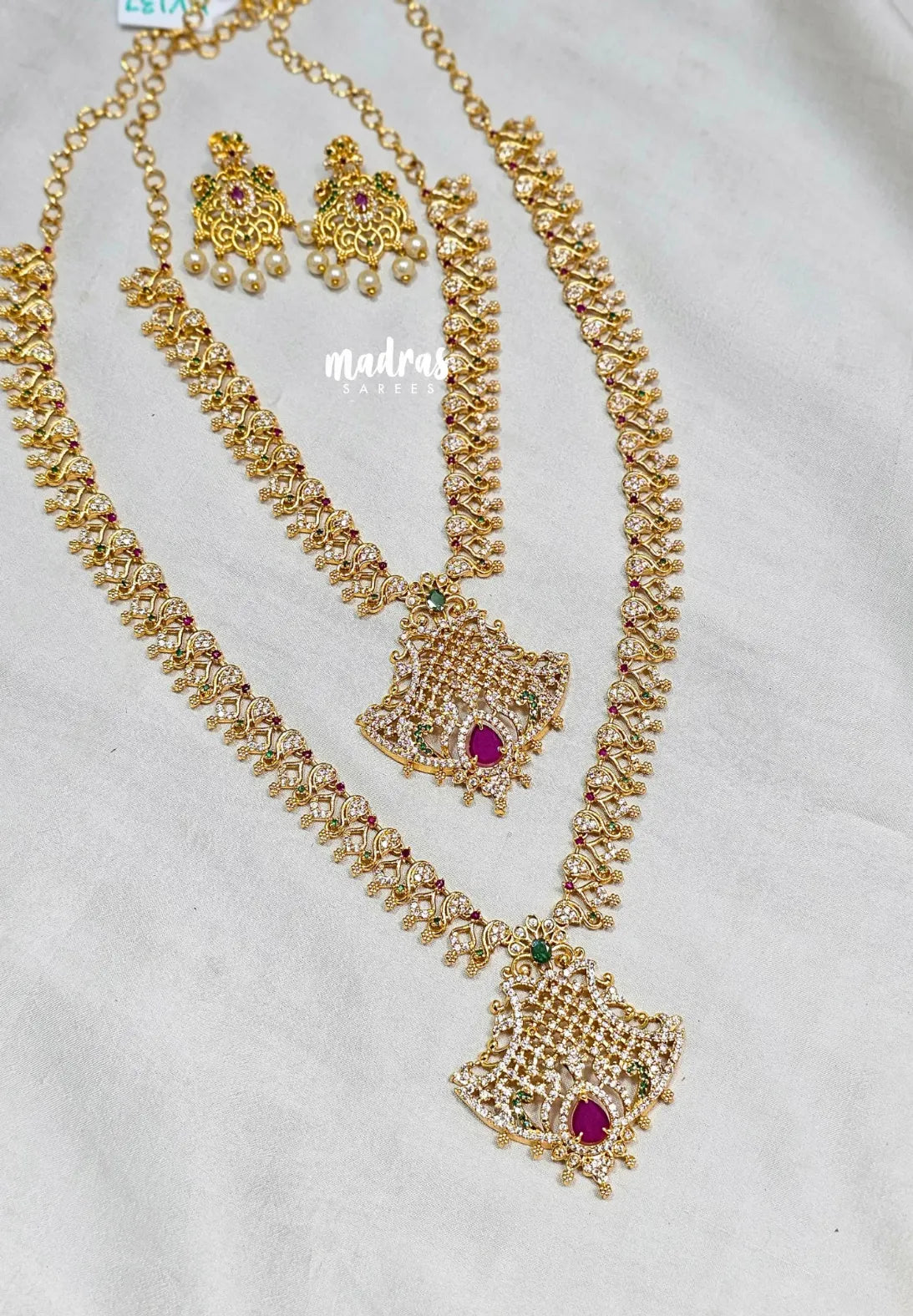 Premium 1 Gram Gold polish AD Stone Trendy Design Haram Set with Earrings