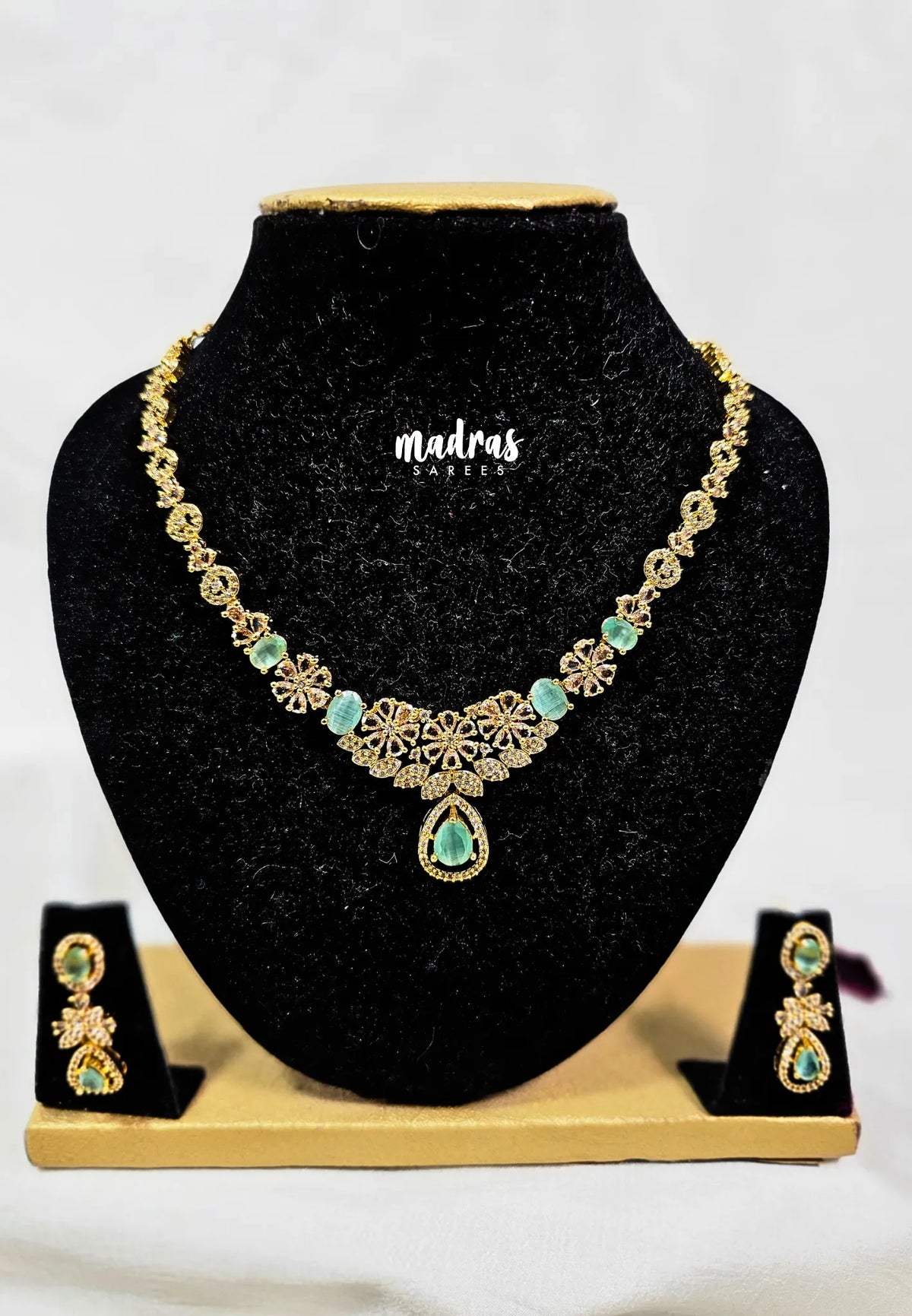 Premium 1 Gram Gold polish AD Stone Trendy Unique Design Light Green Necklace with Earrings