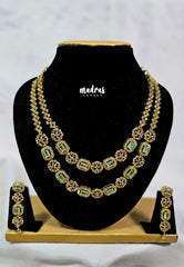 Premium 1 Gram Gold polish AD Stone Trendy Double Layer Light Green Stone Necklace with Earrings