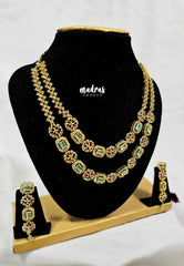 Premium 1 Gram Gold polish AD Stone Trendy Double Layer Light Green Stone Necklace with Earrings
