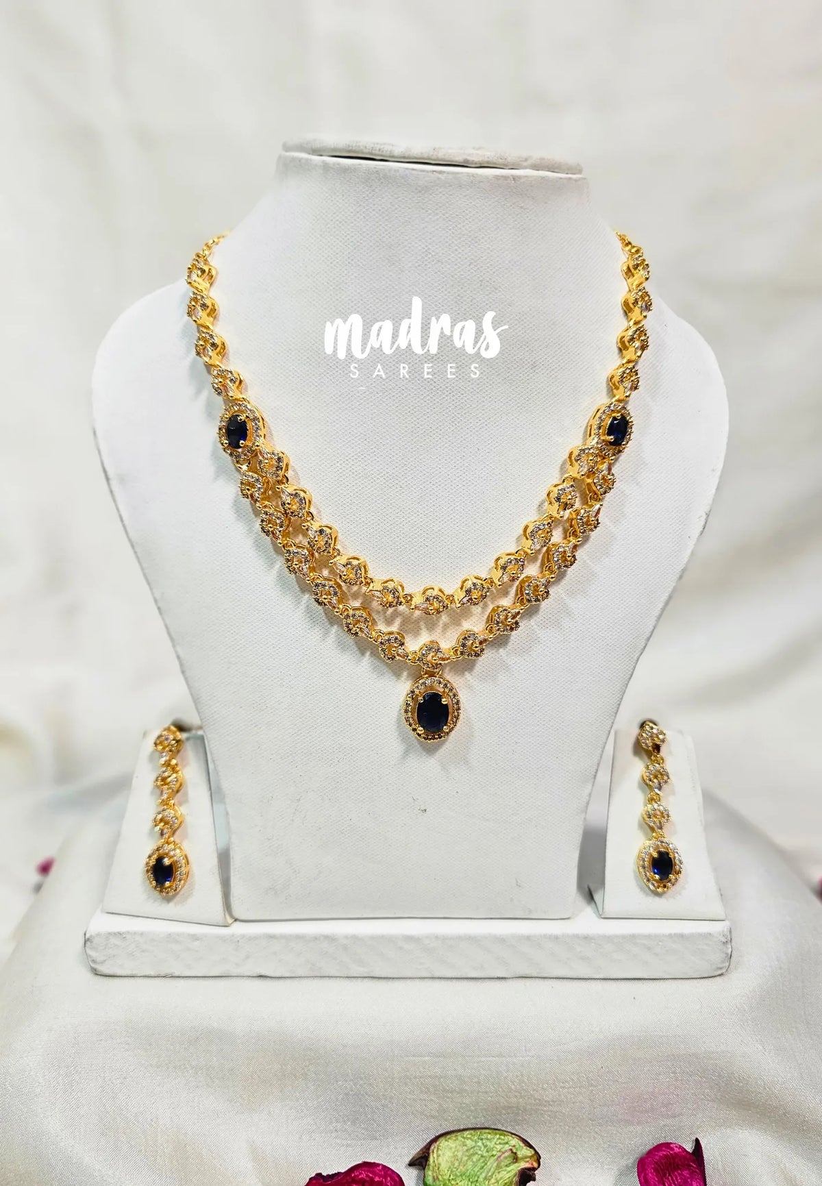 Premium 1 Gram Gold polish AD Stone Trendy Double Layer Blue Stone Necklace with Earrings