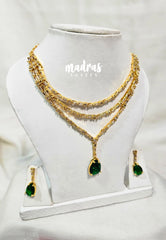 Premium 1 Gram Gold polish AD Stone Trendy Multi Layer with Emerald Green Pendant Necklace with Earrings