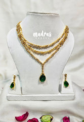 Premium 1 Gram Gold polish AD Stone Trendy Multi Layer with Emerald Green Pendant Necklace with Earrings