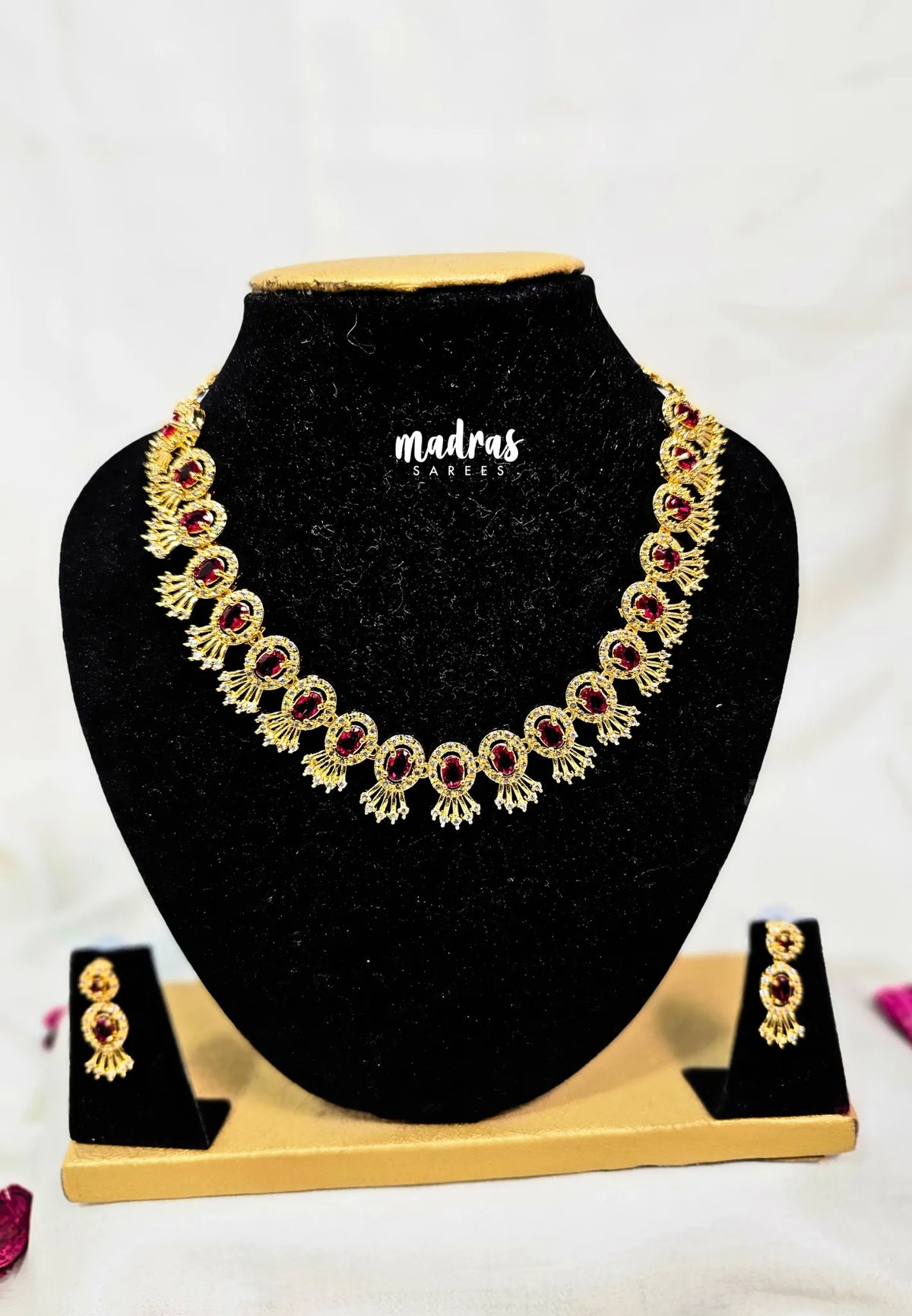Premium 1 Gram Gold polish AD Stone Trendy Unique Design Red Stone Necklace with Earrings