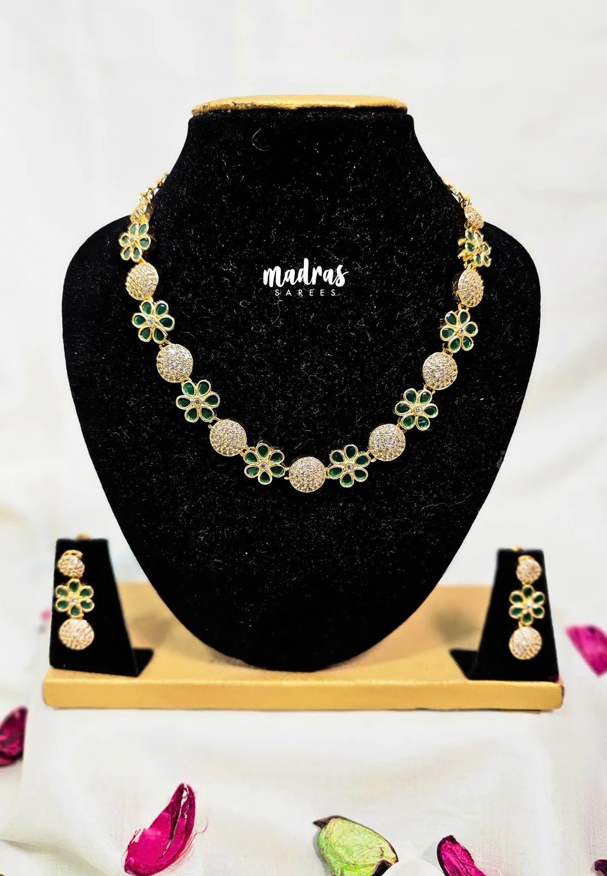 Premium 1 Gram Gold polish AD Stone Unique Green and White Stone Necklace with Earrings